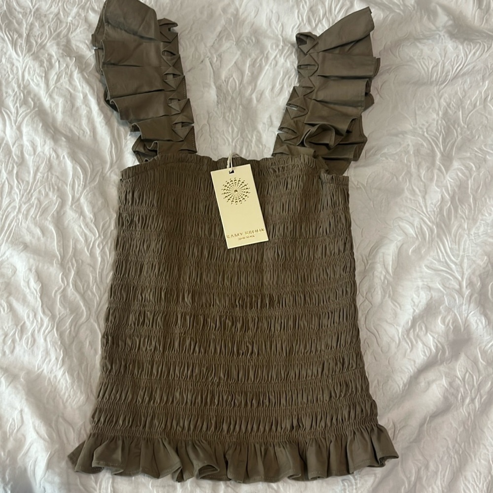 Ramy Brook Ruffled Olive Green Smocked Top